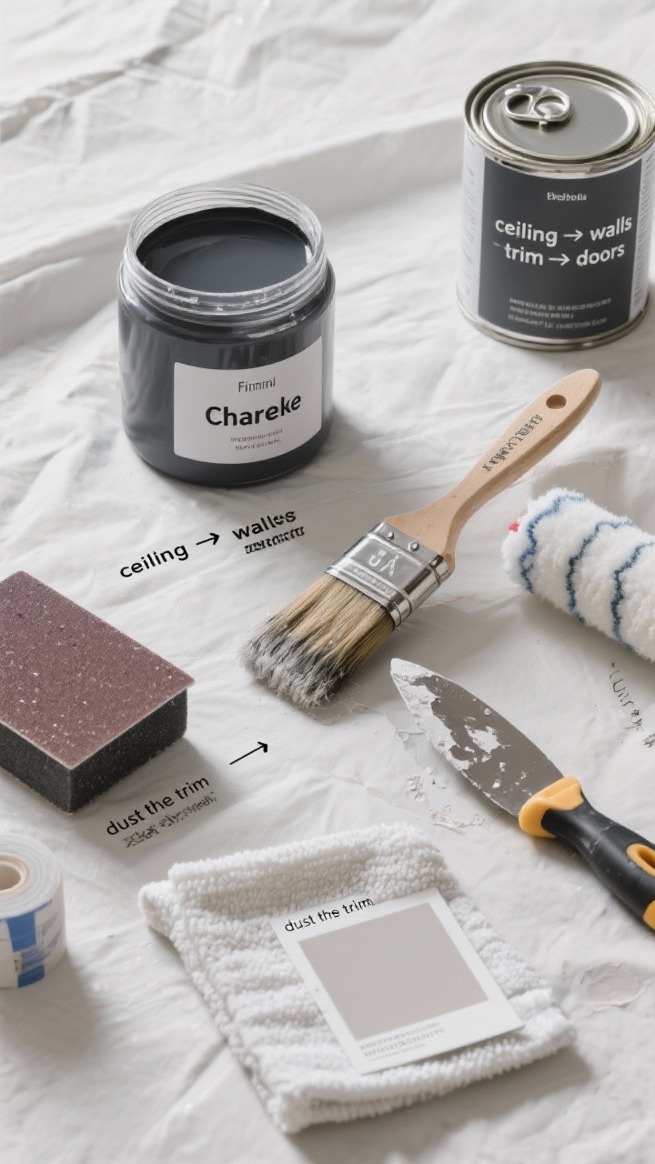 Detail, overhead flat-lay of pro execution tools on a drop cloth: labeled jar of the final color (charcoal) for touch-ups, quality angled brush with clean edges, roller covers, sanding block with fine dust, putty knife and filler for patching, and a can of tinted primer marked close to the final shade; painter’s tape labeled “ceiling → walls → trim → doors” to indicate order; a microfiber cloth hinting “dust the trim”; nearby UV-filtering shade sample swatch; crisp, studio-style lighting for clarity; photorealistic.