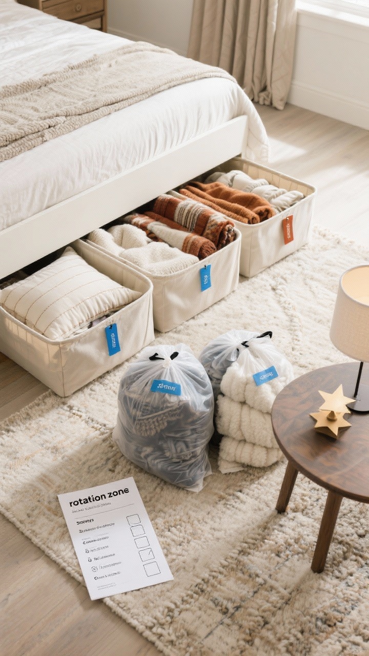 Detail overhead shot of a “rotation zone” storage system: under-bed bins and labeled baskets opened to reveal neatly folded pillow covers, lighter and heavier curtain panels, and seasonal throws; a pair of vacuum bags (one partially filled with bulky winter textiles) used sparingly; color-coded tags visible—blue for summer, rust for fall/winter. Nearby, a quick printed 30-minute checklist card referencing swaps (pillow covers, throws, rug, layout, lampshades/bulbs, small furniture star, coffee table styling). Clean, natural light, photorealistic, no people.