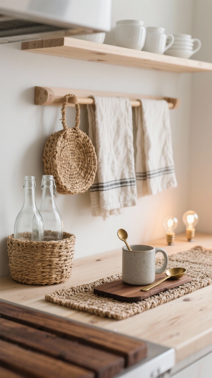 Detail shot focused on texture swaps aligned to temperature: side-by-side composition of warm-weather textures—linen towels draped over a light wood rack, seagrass basket, clear glass bottles, white ceramics on light wood—contrasted with cold-weather textures—woven runner edge, rich wood boards, matte stoneware mug, aged brass measuring spoons, darker wood tones. Include two small light bulbs off to the side labeled or visibly different: brighter daylight bulb for warm seasons, warmer bulb glow for winter. Soft, controlled studio-like kitchen light.