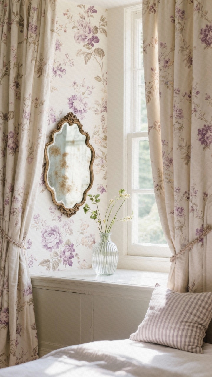 Detail shot of romantic patterns and drape: floor-length linen curtains hung high and wide framing a window, with a wallpaper accent panel in soft floral toile (mauve and cream); a small antique-style mirror with foxed glass and scalloped edge sits above a ribbed glass vase holding a few stems; mix a narrow stripe cushion beside a tiny checked pillow to modernize the floral; morning light filtering through; closeup, photorealistic.