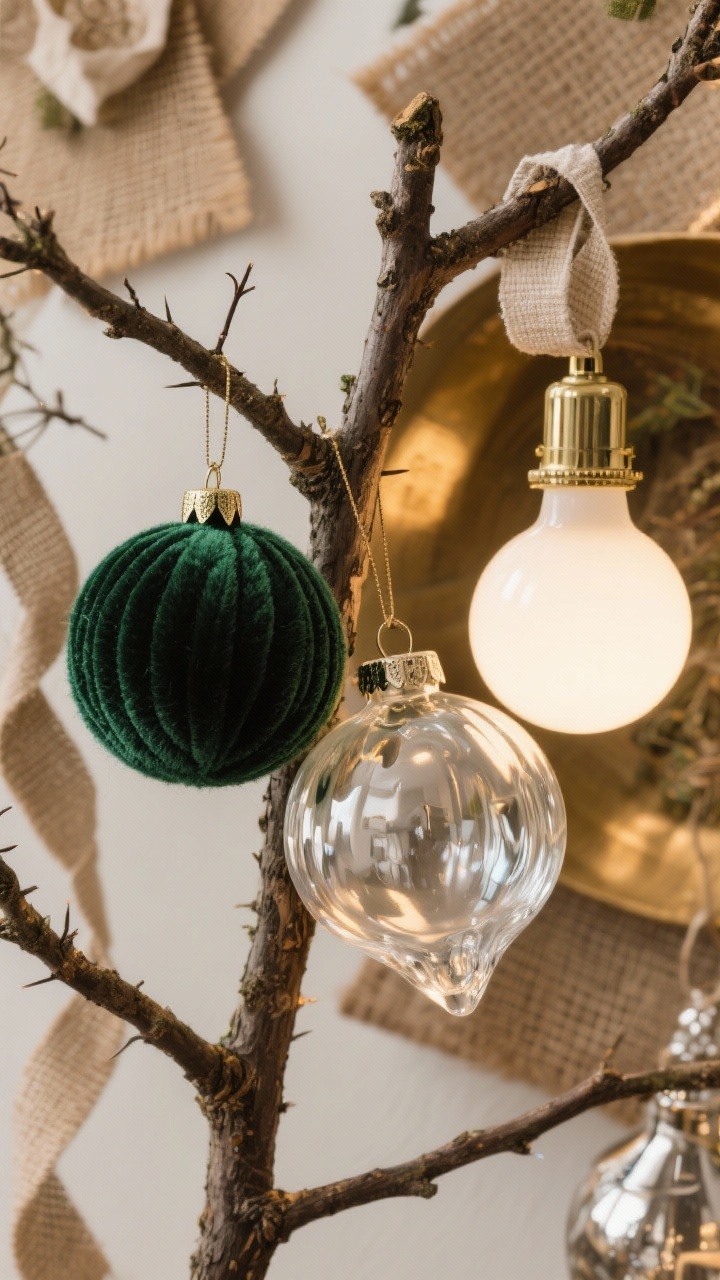 Detail shot, slightly overhead: A cluster of three ornaments grouped together on a real tree branch, demonstrating texture layering. Combination shown: Wool ball ornament, deep green velvet ornament, and a clear handblown glass ornament catching nearby light. Needles frame the trio, with the most reflective glass piece placed near a warm white bulb to amplify glow. Secondary textures visible in the background: burlap, brass, paper, and a hint of linen ribbon and mercury glass elsewhere. Lush, expensive feel with cozy-meets-glam contrast, photorealistic.