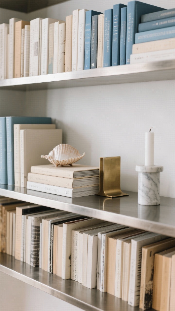 Detail shot, straight-on, focusing on book styling as design: a lower shelf lined entirely with books to ground the unit, above it a mix of vertical rows and horizontal stacks; color-coded spines in soft neutrals and desaturated blues, with one stack flipped to show neutral pages for a minimal vibe; a small marble bookend and a brushed brass bookend add polish; a short stack used as a pedestal for a small white candle and a shell; quiet, even daylight with subtle reflections on the metal.