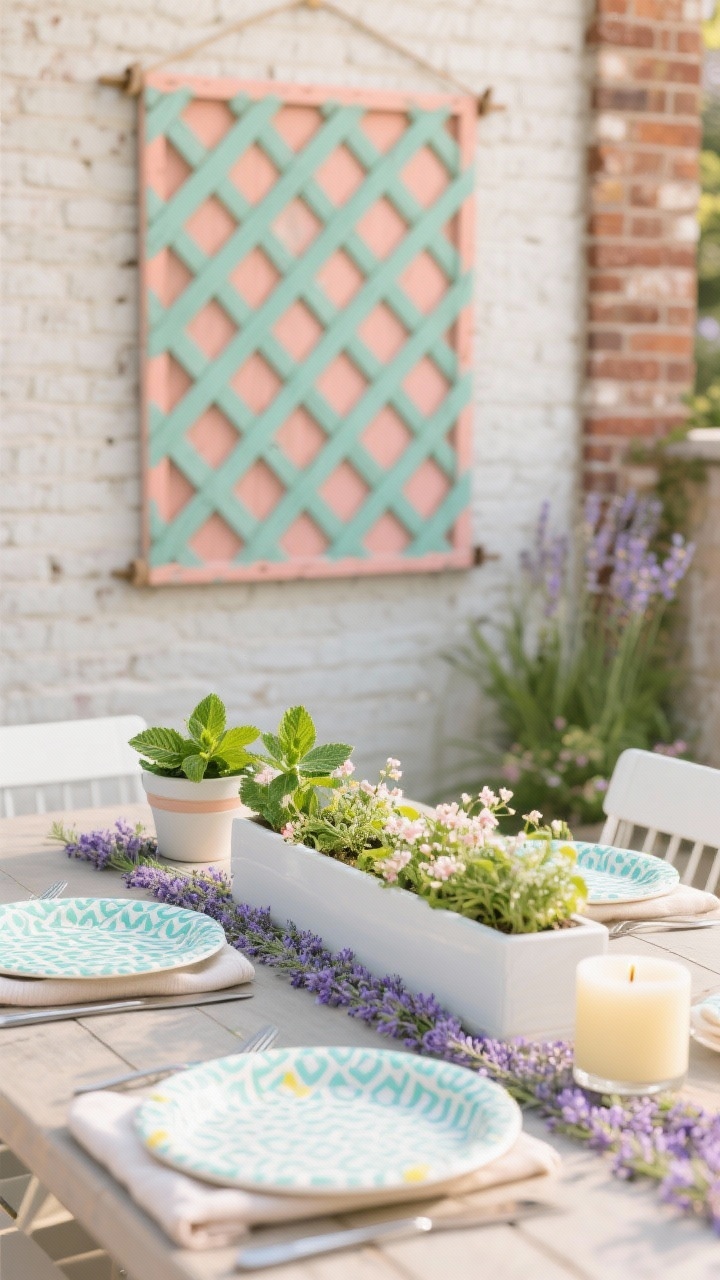 Detail tabletop closeup, bright daytime: A spring tablescape on an outdoor dining table with patterned melamine plates, soft linen napkins, and a low, narrow planter centerpiece to preserve sightlines. In the background, weather-resistant outdoor art—DIY painted lattice in a sage-and-coral palette—hangs on a masonry wall with brick clips. Scent elements are placed intentionally: a pot of mint near the seating, lavender along the path edge, and a chic, minimal citronella candle on the table. Fresh, playful, not theme-y. No people, photorealistic.