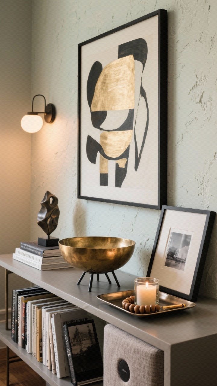 Detail vignette: Personality-forward decor on a styled console—one oversized signature art piece centered above with an art light; a thoughtful shelf edit below: books stacked horizontally, a small sculptural object, one framed photo with breathing room; mixed metals (brass bowl and blackened steel frame) for nuance; a tray moment containing a candle, wooden beads, and a match striker; hint of textured wall (limewash) behind; hidden tech via a fabric-covered speaker partially visible but unobtrusive; warm, intimate lighting, photorealistic.