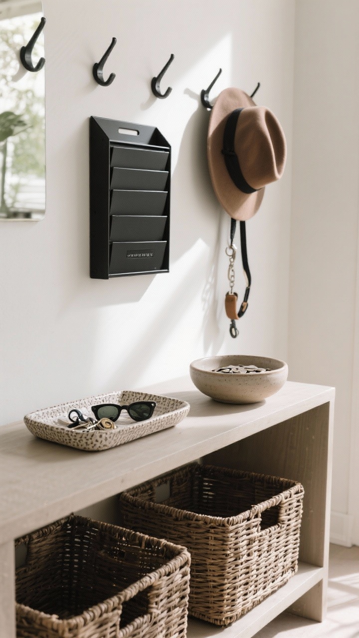 Detailed closeup of a hardworking drop zone on a console: a textured ceramic tray corralling keys and sunglasses, a shallow stoneware bowl for coins, a sleek black metal vertical wall mail sorter mounted above, and minimal modern hooks (not mudroom-style) holding a hat and dog leash; baskets tucked under the console for closed storage; neutral tones with black accents; bright morning light emphasizing organization and clean lines.