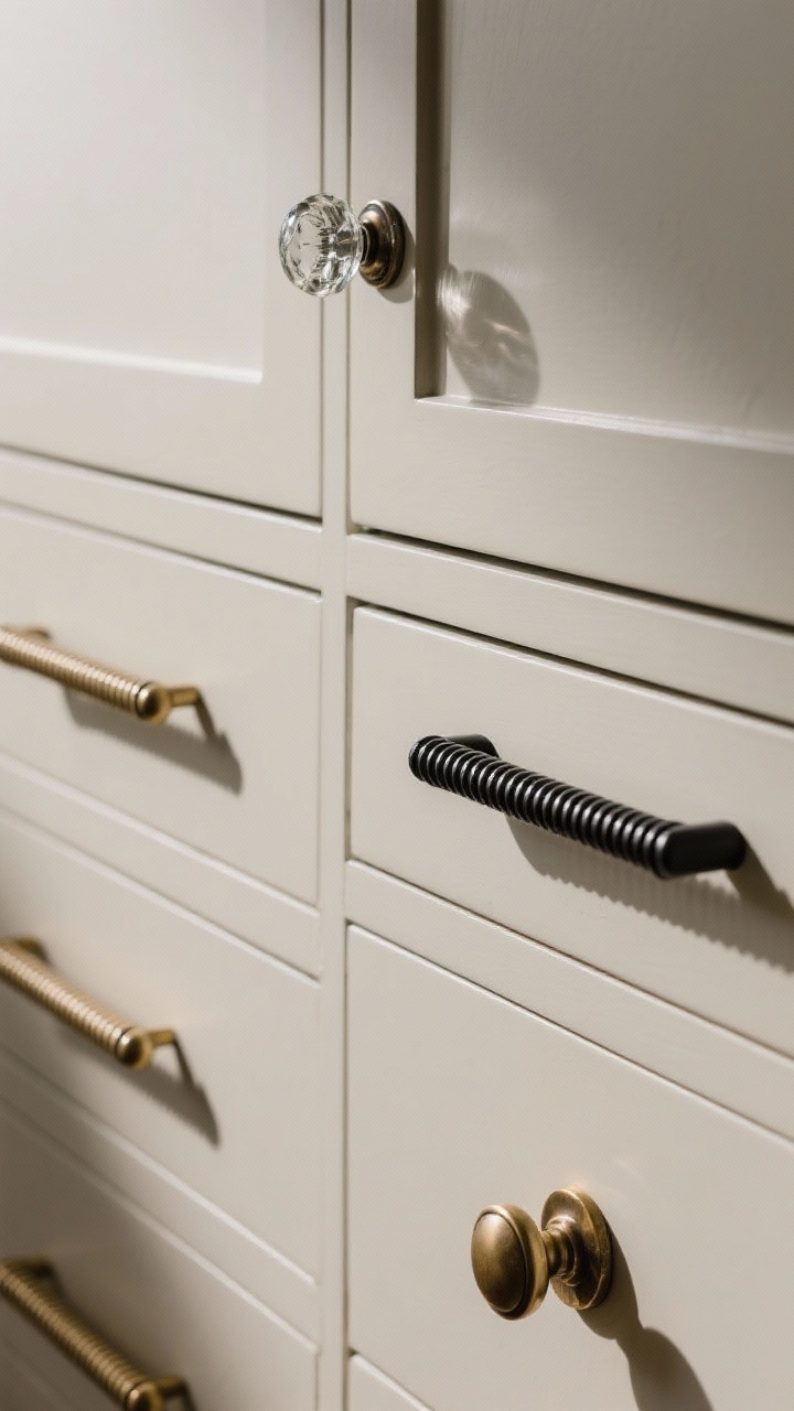 Detailed closeup of cabinet hardware with main-character energy: matte black slim pulls on flat-front drawers, knurled brass bar pulls on an adjacent set, and a drawer with classic cup pulls plus round antique brass knobs; a single cabinet door shows a vintage glass knob for eclectic flair; emphasis on consistent pull lengths across drawers; sharp, raking light to reveal metal texture and knurling pattern; neutral cabinet fronts for contrast; photorealistic macro-level detail.