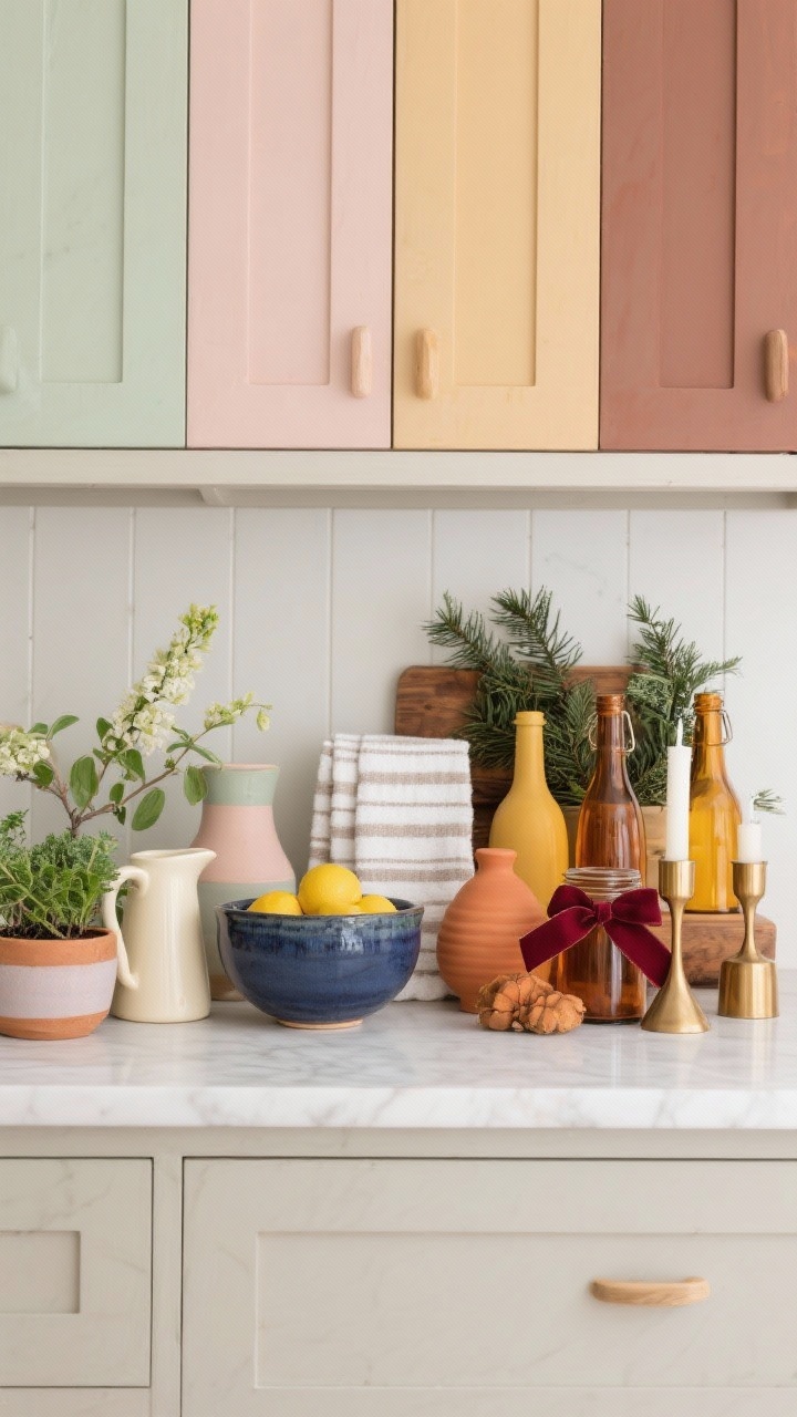 Detailed closeup on a color-layered vignette that demonstrates seasonal accent palettes without paint: for spring, sage and blush pastel ceramics and a small cream pitcher beside a mini herb garden; for summer, a navy pottery bowl with lemons and white striped towels; for fall, amber bottles, terracotta and mustard accents with wood tones; for winter, evergreen sprigs, a burgundy ribbon tied around a jar, and warm metallic candleholders. Shot straight-on with soft, neutral background cabinetry, cohesive 2–3 accent colors grouped in mini clusters.