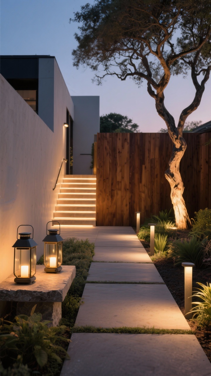 Dusk medium shot highlighting layered lighting: low path bollards lining a straight walkway, recessed step lights on a small stair, hidden warm LED strips wall-washing a cedar fence, and a focused uplight dramatizing a sculptural tree; a pair of sleek portable rechargeable lanterns on a stone side table; warm 2700–3000K glow, dimmable feel; the lighting softly defines paths and plants without hotspots, creating a moody, luxurious ambiance.