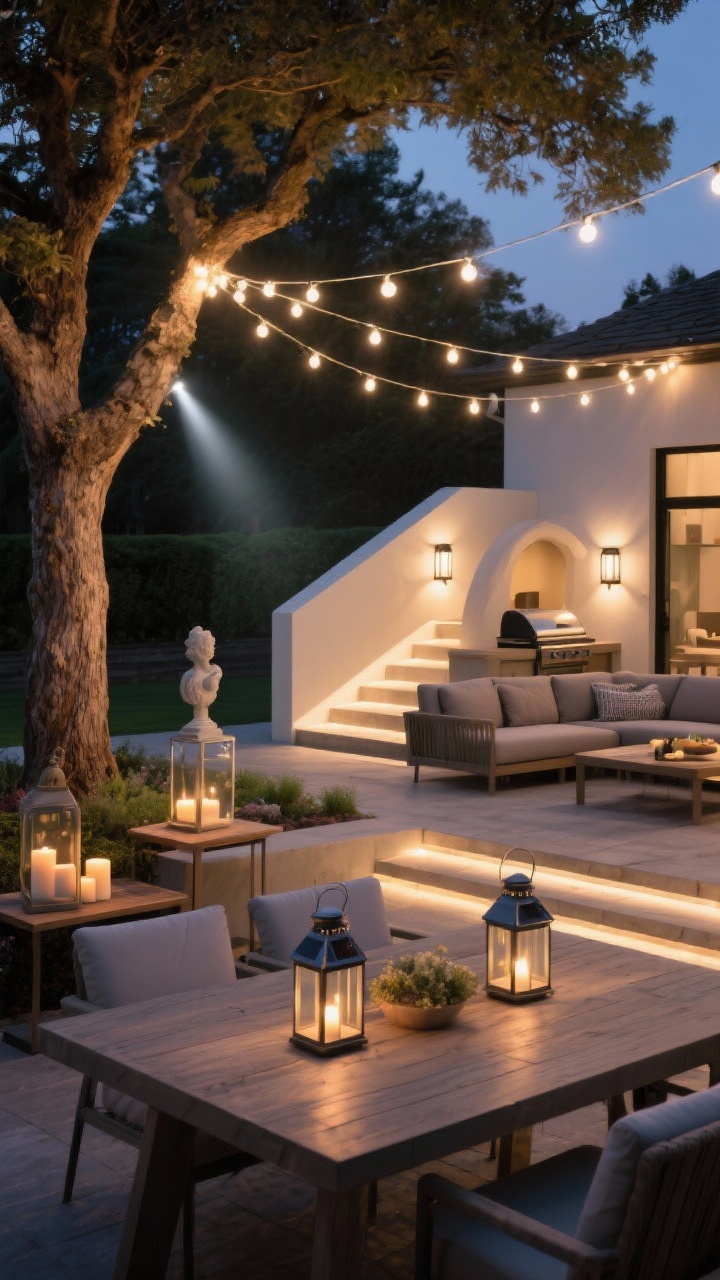 Evening medium shot: Layered outdoor lighting in a lounge-dining setup. Ambient: warm white string lights (festoons) draped above a dining table and lounge area. Task: a pair of solar lanterns on the table, subtle step lights along stairs, and sconce-style lighting near a small grill alcove. Accent: soft uplights washing the trunk and canopy of a nearby tree and a pinpoint spotlight on a small garden sculpture; candles in hurricane holders on a side table. Multiple light heights—overhead, waist-level, and ground—create depth; dim, cozy atmosphere; photorealistic.