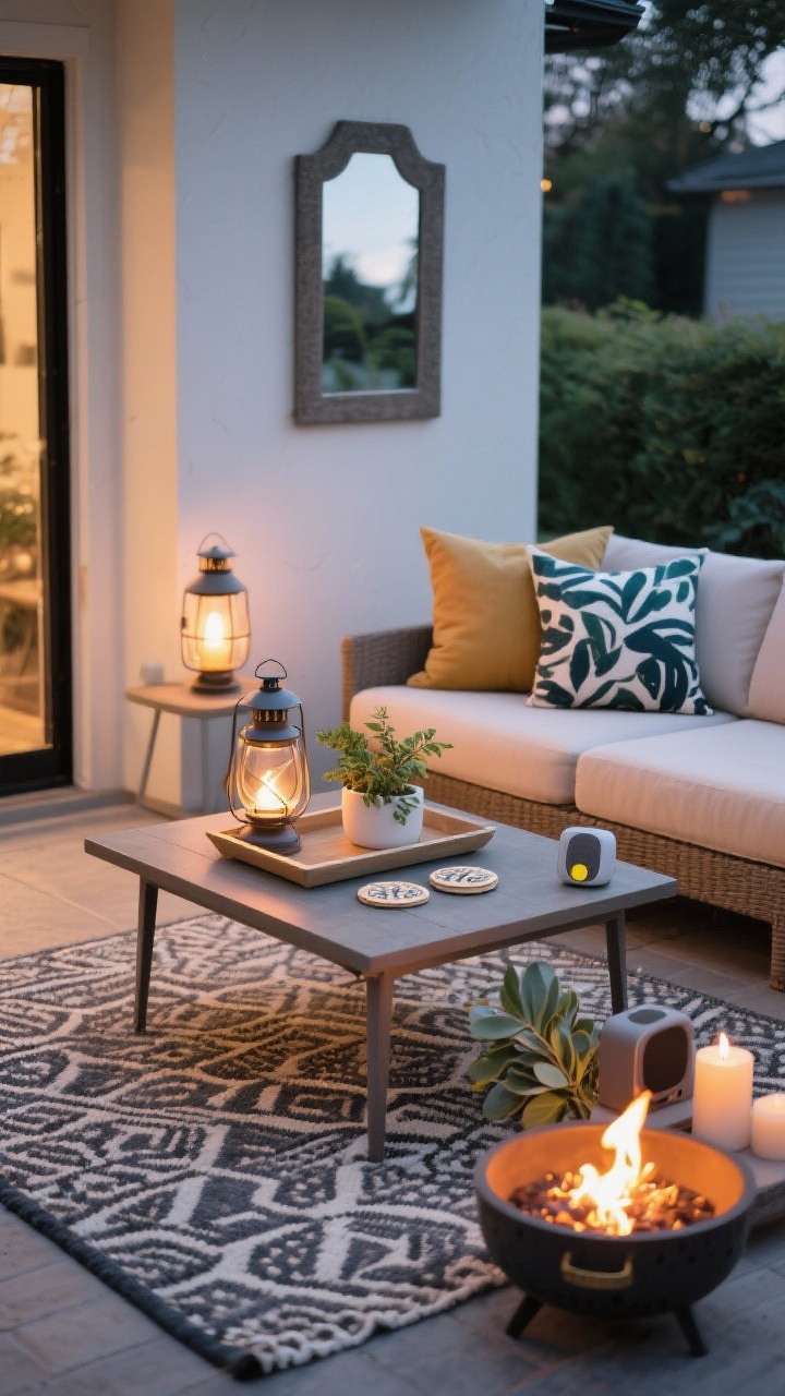 Medium closeup styling vignette for the “after” look: an outdoor coffee table topped with a simple tray holding a small plant, a lantern, and coasters; nearby, a patterned outdoor rug grounds the scene with two solid-color pillows and one bold print pillow on a loveseat. On the wall, a weatherproof art print or a small mirror in shade; include a compact tabletop fire bowl emitting a gentle flame for ambiance. A discreet Bluetooth speaker and citronella/eucalyptus candles add sound and scent cues. Warm evening light from lanterns and fire feature, photorealistic, straight-on composition emphasizing finishing touches.