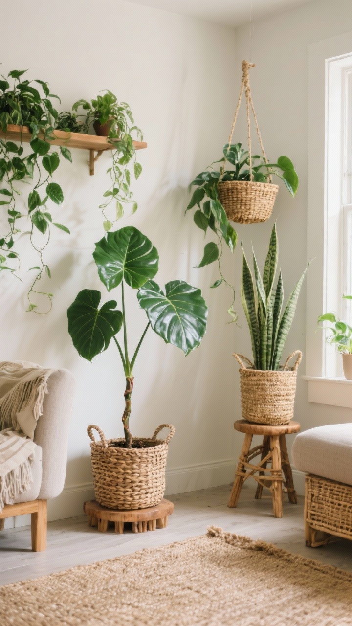 Medium corner angle of a mini indoor jungle in a boho living room: a tall fiddle leaf fig in a woven basket planter on the floor, a rubber plant on a low wood stool riser, cascading pothos on a wall shelf, and a hanging philodendron in a rattan basket; a snake plant in a small seagrass basket near the window; varied heights clearly staged; neutral background with jute rug and rattan accents; bright, diffused daylight highlighting lush leaves, no people.