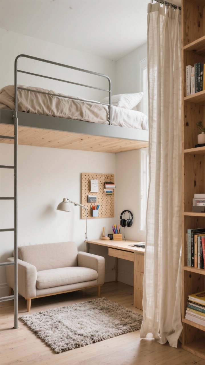 Medium corner-angle shot of a loft bed with a slim metal railing and airy profile, top bunk dressed in neutral linens; underneath is a flexible lounge zone: a small loveseat, a wall-mounted reading lamp, and a plush textured rug defining the area; a pegboard above a compact desk to one side with headphones and school supplies neatly arranged; a slim floor-to-ceiling bookcase and light curtains used vertically to delineate the space without closing it in; calm palette with natural wood and soft neutrals; bright, diffused daytime light.