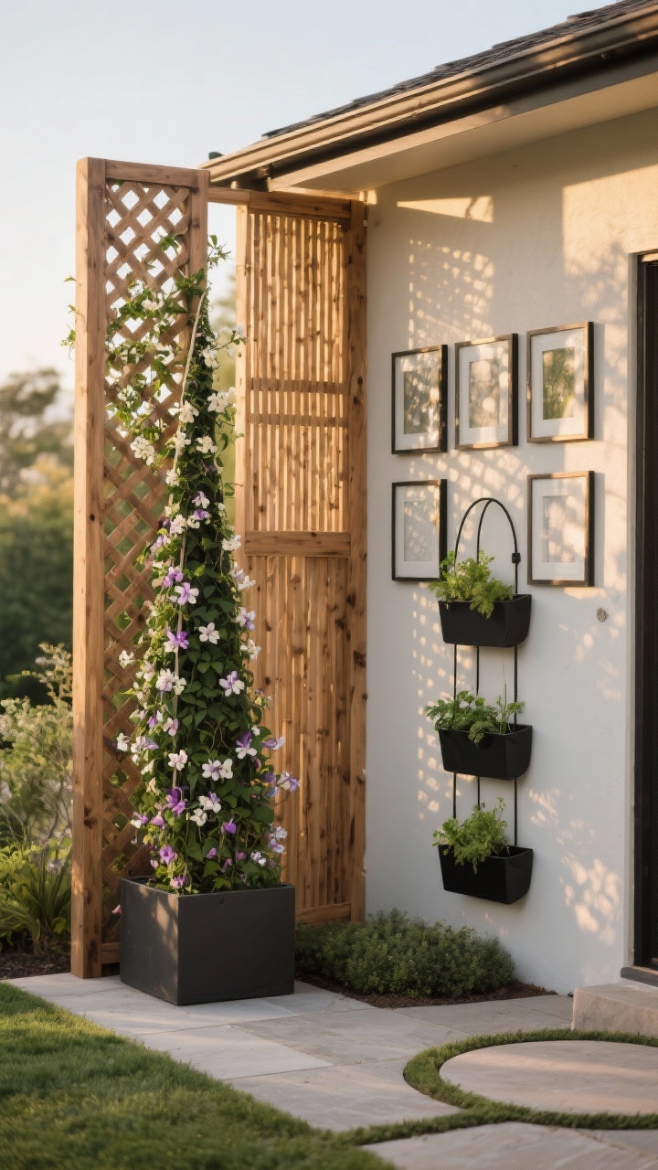 Medium corner angle: Vertical elements adding height and privacy. A slatted natural wood privacy screen with climbing jasmine weaving through lattice portions; an obelisk trellis supporting clematis in a planter. On the house wall, a grid of weatherproof frames and a compact vertical herb garden in black metal pockets. Circular motifs subtly repeated via a round trellis and circular stepping pavers below. Late golden hour, soft shadows, designer feel; photorealistic.