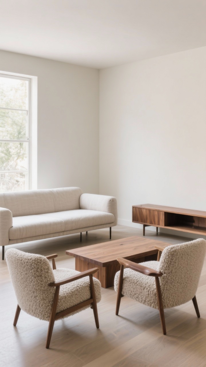 Medium corner-angle view focusing on fewer, better furniture pieces: a clean-lined, low-profile linen sofa with slim legs floated a few inches off the wall, a sturdy solid-wood rectangular coffee table, and two armless accent chairs in boucle. Include a slim-profile media console in natural wood. Emphasize simple silhouettes, quality materials (linen, boucle, leather optional accent), and correct scale to avoid bulk. Soft daylight, uncluttered floor, intentional spacing around each piece.