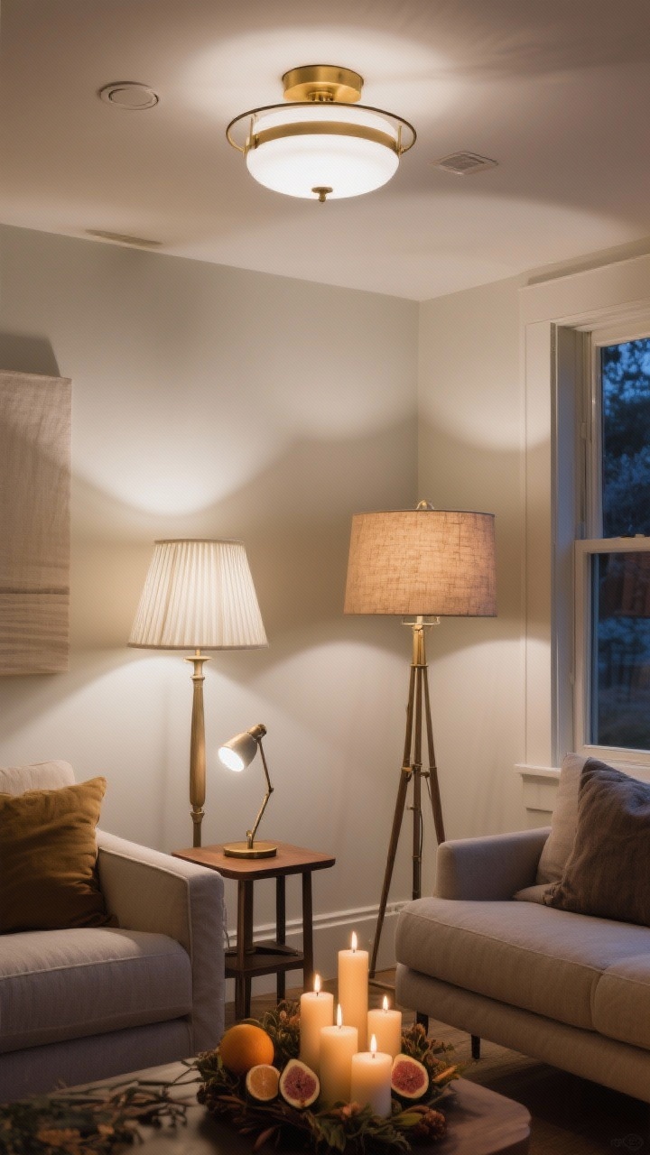 Medium corner shot: A lighting-focused living room nook with layered lighting—overhead fixture on a dimmer, a brass floor lamp, and a small task lamp on a side table. Show adjustable smart bulbs casting cooler white light in a summer vignette with a light linen or pleated lampshade on one lamp, and in a winter vignette, warmer candle-like glow with a darker fabric or textured parchment shade for a richer glow. Include a candle cluster with seasonal scents: citrus/fig in warm season, amber/cedar/smoked vanilla in cold. Cozy, evening ambiance.