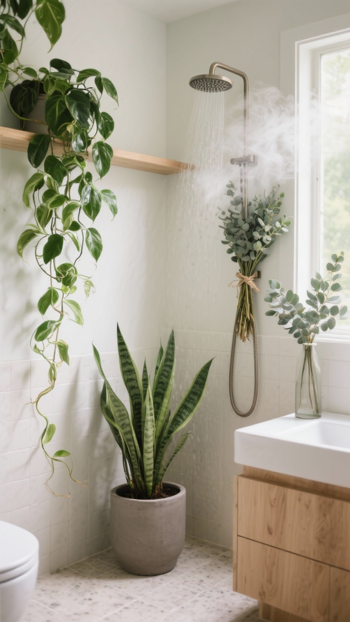 Medium corner shot bringing the outdoors in: a bright-but-humid bathroom nook with a trailing pothos or philodendron cascading from a wall shelf, a snake plant or ZZ plant in a simple matte pot on the floor, and a fresh eucalyptus bundle tied to the showerhead; soft natural light and light steam hinting at freshness; restrained styling (not a jungle), neutral tile and soft wood tones; optional high-quality faux stems in a slim vase near the sink; no people, photorealistic.