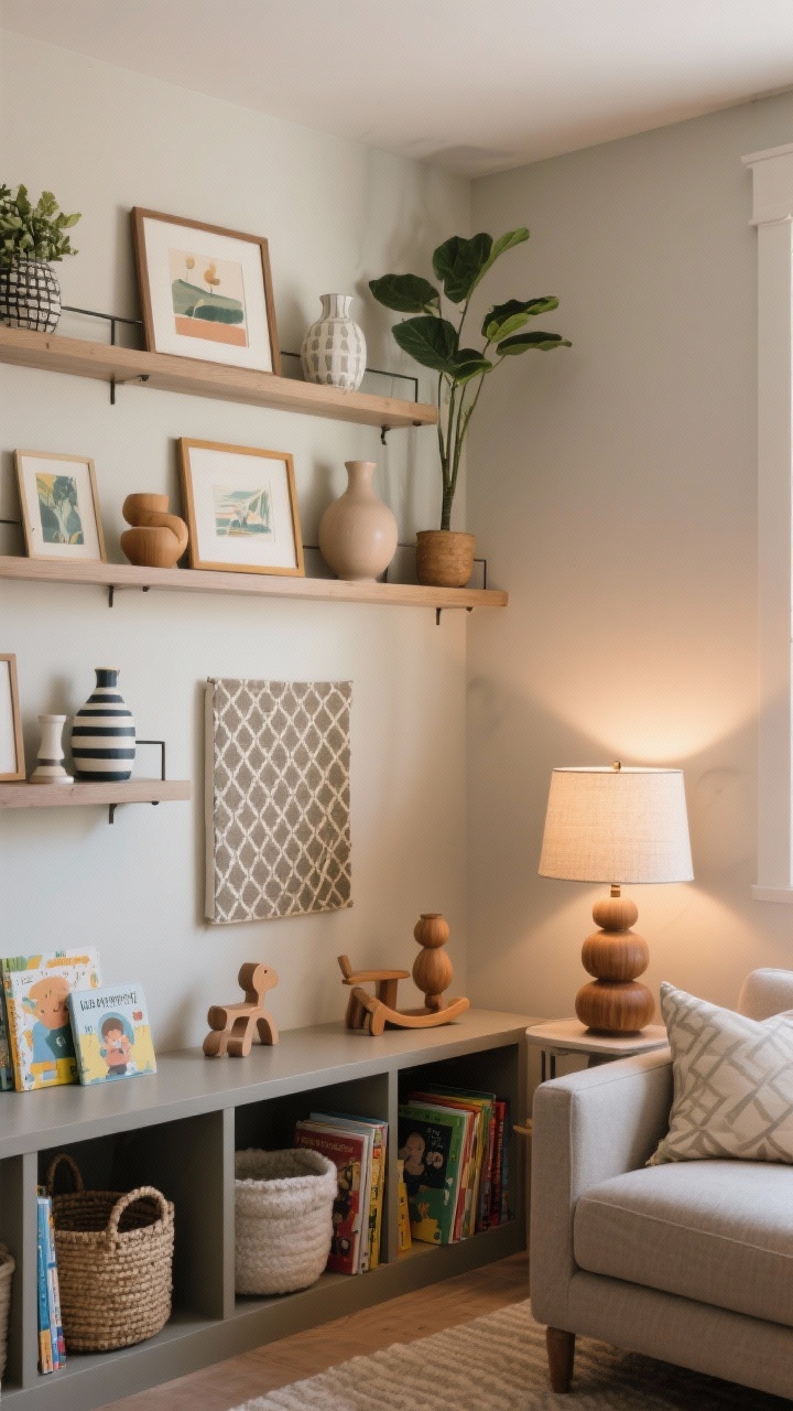 Medium corner shot: Elevated styling kept out of reach with personality intact. High shelves displaying framed art and vases secured with museum putty; lower shelves filled with board books, soft baskets, and sculptural wooden toys. Wall art at kid height is canvas or fabric panels without glass. A tall plant placed on an upper shelf or high stand, clearly a non-toxic variety. Lighting: dim, warm lamps with heavy bases; a floor lamp tucked behind the sofa for safety. Palette: mid-tone neutrals with pops in textiles; balanced pattern mix (one big, one small, one solid).