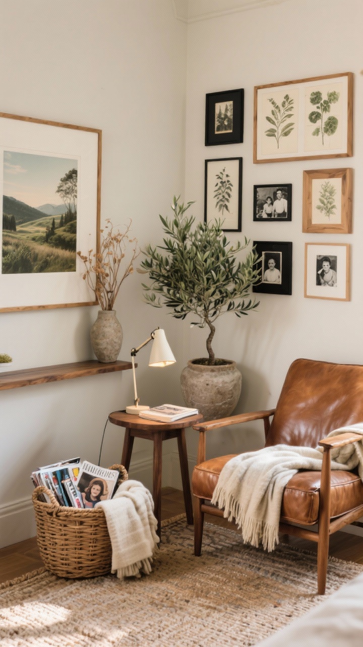 Medium corner shot of a cozy reading nook and meaningful art: a slipper chair or vintage leather armchair with a small wooden side table, a focused task lamp, a throw blanket, and a low-pile rug; a basket styled with magazines and extra throws; nearby gallery wall mixing landscapes, botanical prints, and black-and-white family photos in wood and black frames of varied sizes; a larger framed piece casually leaned on a console; touches of greenery—an olive tree in a pot and dried stems in a stone vase; warm, inviting light, photorealistic, no people.