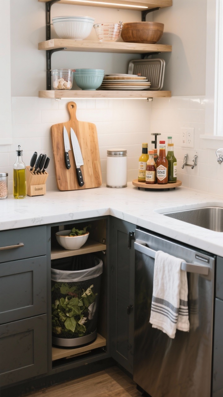 Medium corner shot of a functional meal-prep zone on a cleanable countertop near a sink and under-counter pull-out trash; large wood cutting board left out with a knife block and a magnetic knife strip mounted above; open shelf below showing mixing bowls, measuring cups, and baking sheets; a small bin on the counter with olive oil, salt, pepper, and garlic powder; a rotating lazy Susan holding vinegars and sauces; a compact compost bin or scrap bowl set to the side; include a dish towel clipped to a magnetic hook on the fridge door; natural, practical ambiance with bright task lighting.