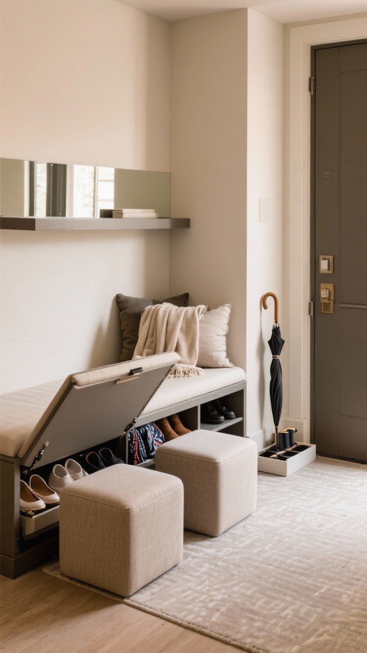 Medium corner shot of entry seating with hidden storage: a modern storage bench with lift-up seat neatly concealing shoes and scarves; two upholstered ottoman cubes tucked under a console for pull-out seating; a slim floating wall-mounted bench visible on the adjacent wall to emphasize airy, tight-space solution; layered cushions and a soft throw for a boutique-hotel vibe; handsome umbrella stand and a clean-lined boot tray nearby; warm, even lighting, no people.