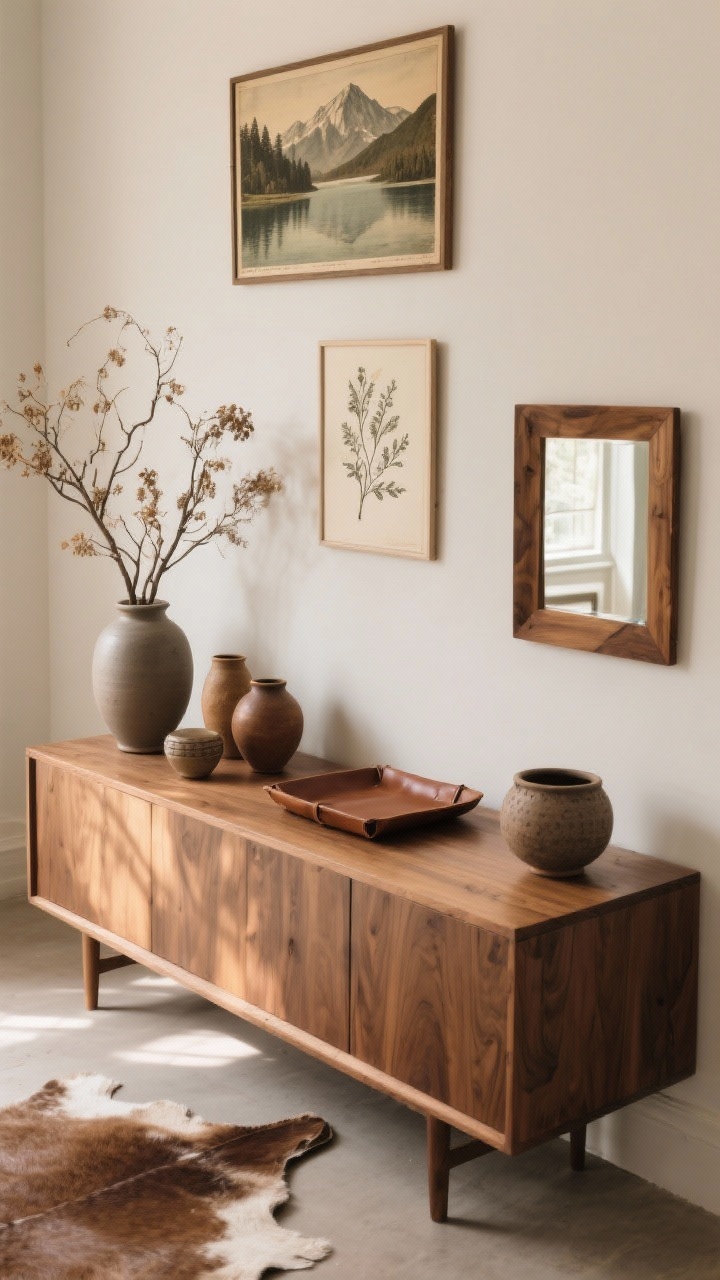 Medium/detail styling shot from a slight overhead angle: A wood dresser or shelf styled with nature-forward decor—branches or dried botanicals in a matte ceramic vase, earthy stoneware and pottery pieces, a leather tray, and a small faux hide rug edge visible below. On the wall above, a curated trio: a vintage landscape print (mountains/lake), a botanical sketch, and a wood-framed mirror reflecting warm light to enlarge the space. Keep it minimal and intentional (3–4 standout items). Gentle natural light with soft shadows; photorealistic, no people.