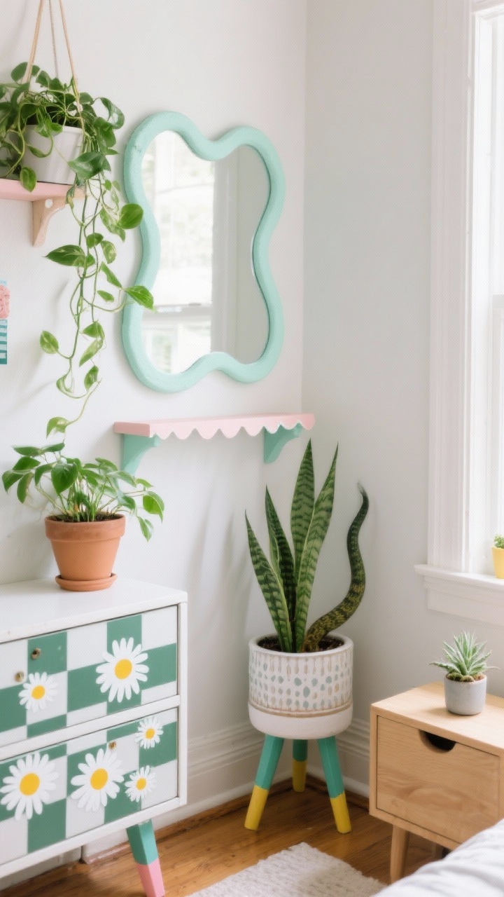 Medium detail vignette: A tiny DIY corner with greenery. A wavy mirror hack with a pastel foam frame hangs above a narrow shelf with scalloped painted edges. A planter with color-dipped legs sits on the floor, while removable vinyl decals (daisies and checkerboard) decorate a drawer front. Plants include trailing pothos on a wall-mounted planter, a snake plant in the corner, and a mini succulent on the nightstand. Bright, natural light, clean renter-friendly look, straight-on composition.
