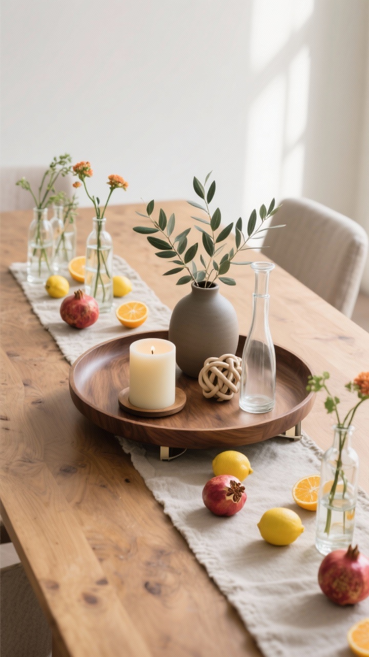 Medium overhead shot of a movable, low-profile centerpiece on a wood dining table: a round walnut tray holding an unscented pillar candle, a small matte ceramic vase with eucalyptus/olive branches (faux-realistic), and a sculptural ceramic knot beside a slim glass carafe; occasion upgrade along the centerline features clustered bud vases with single stems, a citrus runner with scattered lemons and pomegranates, and height variation via one modestly taller arrangement kept below eye level; odd-number grouping (3–5 objects), soft morning light, clean background, photorealistic.