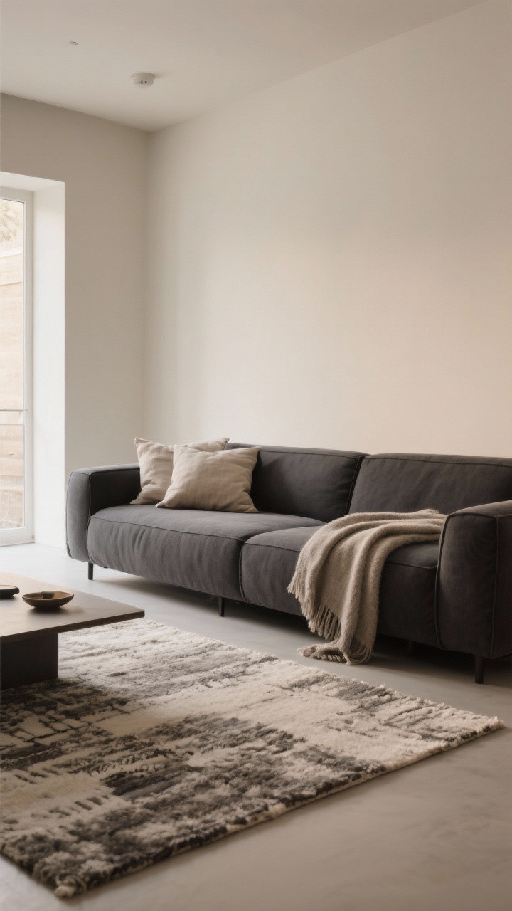 Medium shot: A calm seating zone with a clean-lined, low-profile sofa with deep seats in charcoal, layered with a plush throw, linen pillows, and a thick rug; open sightlines with negative space around the furniture, minimal accessories, tactile materials in a restrained palette, soft warm lighting for comfort, straight-on view capturing “cozy minimalism.”