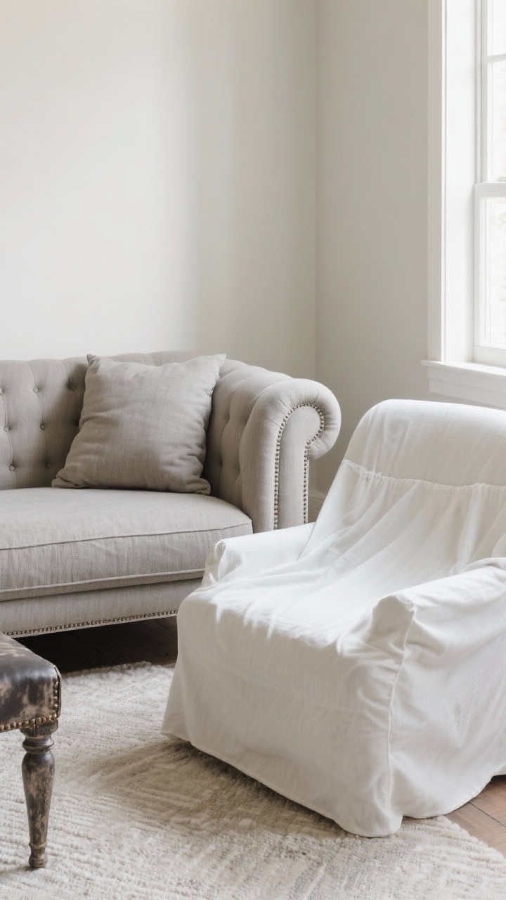 Medium shot: A chic family-friendly seating vignette with a sofa and chair in performance fabric (microfiber/Crypton) in mid-tone greige, rounded roll arms and curved backs, supportive cushions, and a matte distressed leather accent chair. Include a removable white slipcover draped on an extra cushion to suggest washability. Subtle, tight-weave texture, no tufted buttons, seats at comfortable height. Soft daylight, corner angle framing the stain-hiding tones and kid-proof finishes.