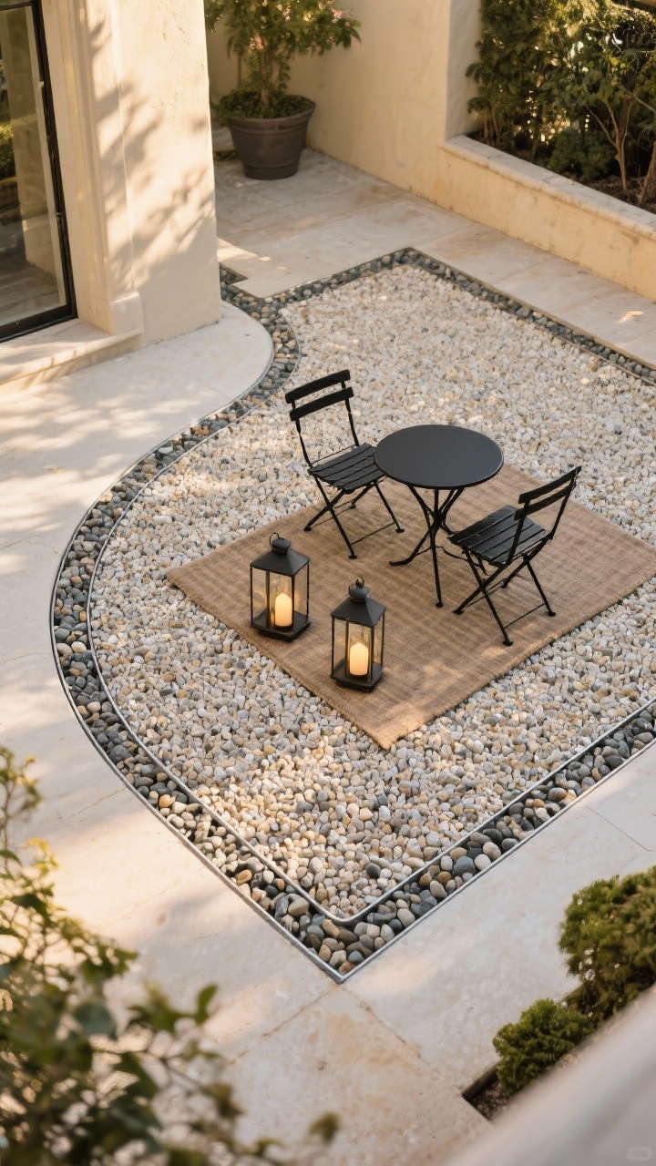 Medium shot: A chic gravel patio with a softly curved outline mapped by edging, layered over landscape fabric. Pea gravel raked smooth at 2–3 inches, framed by slim metal edging. A small black bistro set sits on an outdoor rug, with two lanterns placed nearby for ambiance. European courtyard vibe; warm golden hour light; visible texture of decomposed granite/pea gravel; corner angle to show depth; photorealistic.