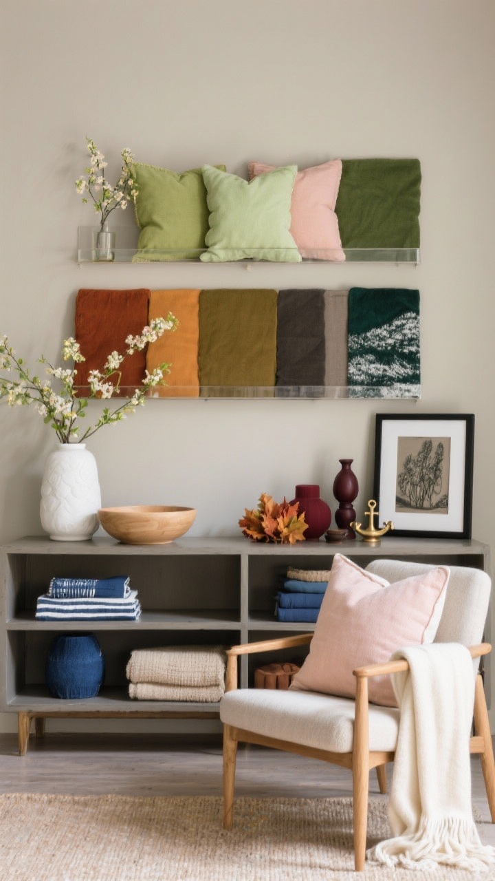 Medium shot: A console against a neutral greige wall showcasing rotating seasonal color palettes. Spring setup with soft green and blush pillows on a nearby chair, light wood bowl, and fresh white ceramic vase; Summer swap shown on the lower shelf with crisp navy and oceanic blue accents and sandy neutral textiles; Fall grouping with rust, ochre, olive, warm taupe objects; Winter set with deep emerald, charcoal, burgundy accents and a small brass object. Anchor neutrals in the scene: cream throw, black frame. Even, natural light.