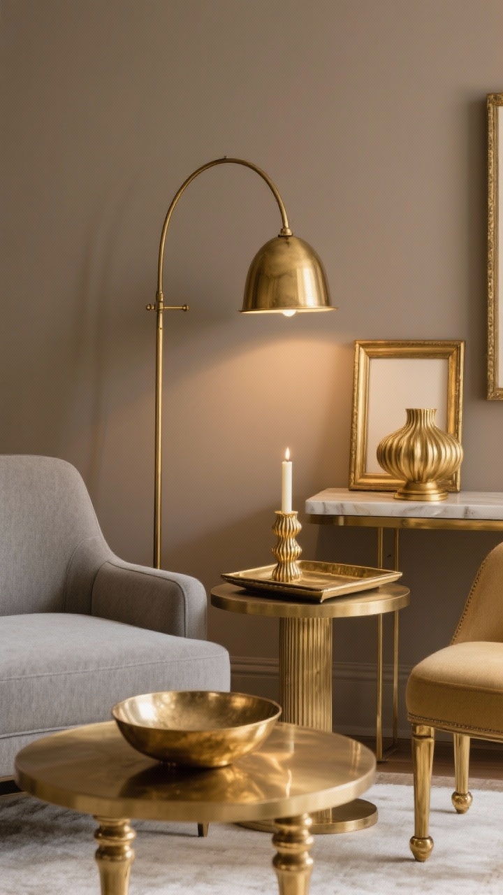 Medium shot: A curated vignette mixing gold finishes—brushed brass floor lamp with arched arm, satin gold-framed side table, and an antiqued gold ribbed candleholder on a nested tray. Include a sculptural brass bowl on a console with brass-capped chair legs nearby. Warm, cozy lighting with soft reflections; show gold repeated in three places for cohesion. Neutral backdrop with taupe wall and soft gray upholstery to let the gold accents pop, photorealistic.