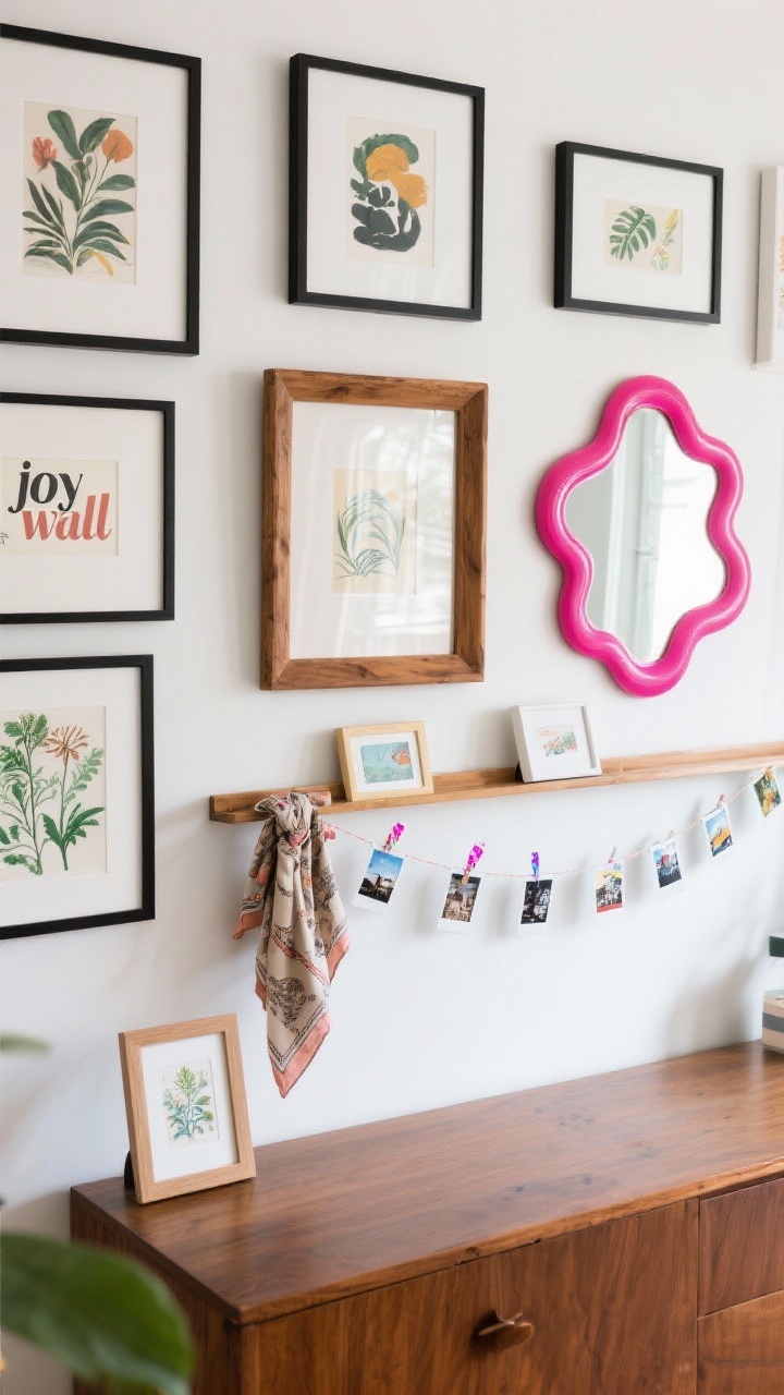 Medium shot: A “joy wall” gallery arrangement above a console—mix of art in thin black frames, a chunky wood frame, and one pop-color frame (hot pink). Include a wavy squiggle mirror among the art, picture ledges layered with small framed prints and a vintage scarf in a frame, plus a string of Polaroids attached with colorful washi tape. Theme hint: retro travel botanicals. Balanced daylight with slight mirror glow to expand light; straight-on, gallery-style composition.