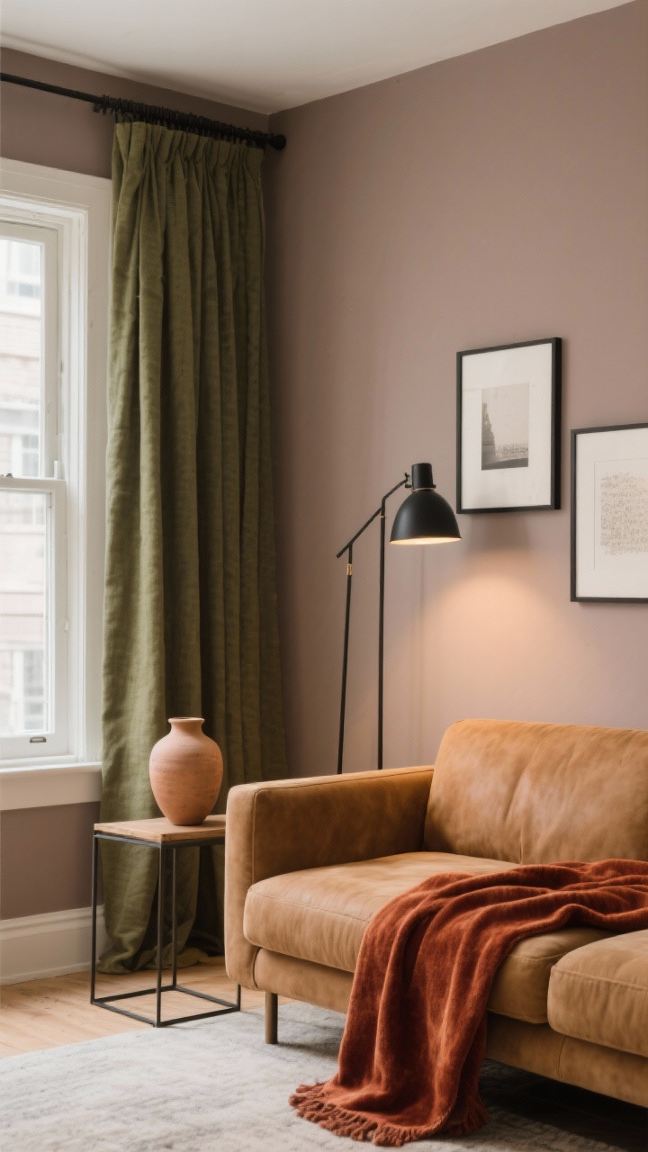Medium shot: A living room feature wall painted in mushroom taupe with a warm neutral base; add an olive linen curtain panel framing a window, a camel-toned sofa, and a rust velvet throw draped over the arm; subtle black accents in thin metal picture frames and a black lamp base anchor the scene; include a soft clay ceramic vase on a side table; balanced, grounded palette with cozy coffee shop warmth; warm 2700–3000K lighting, photorealistic.