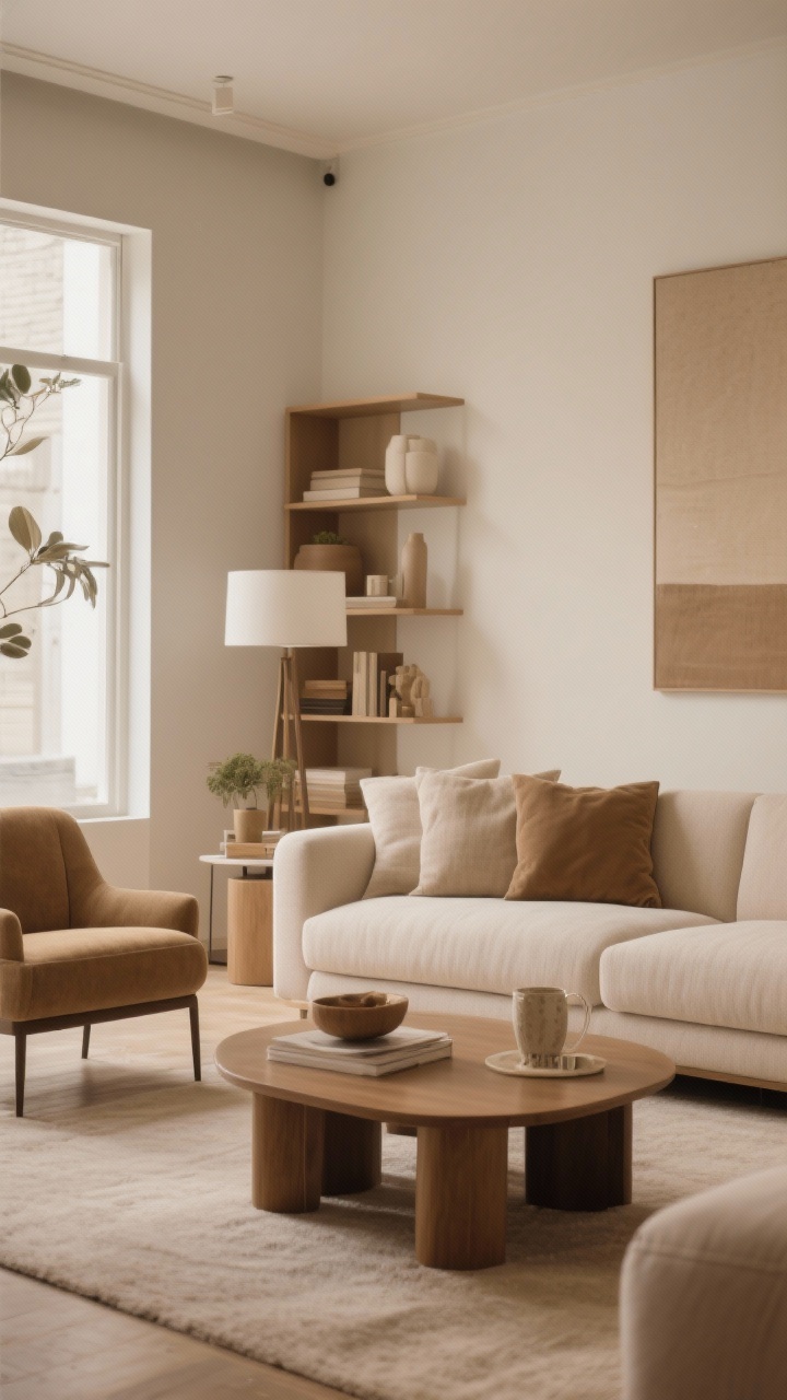 Medium shot: A living room vignette illustrating a warm-neutral palette formula—60/30/