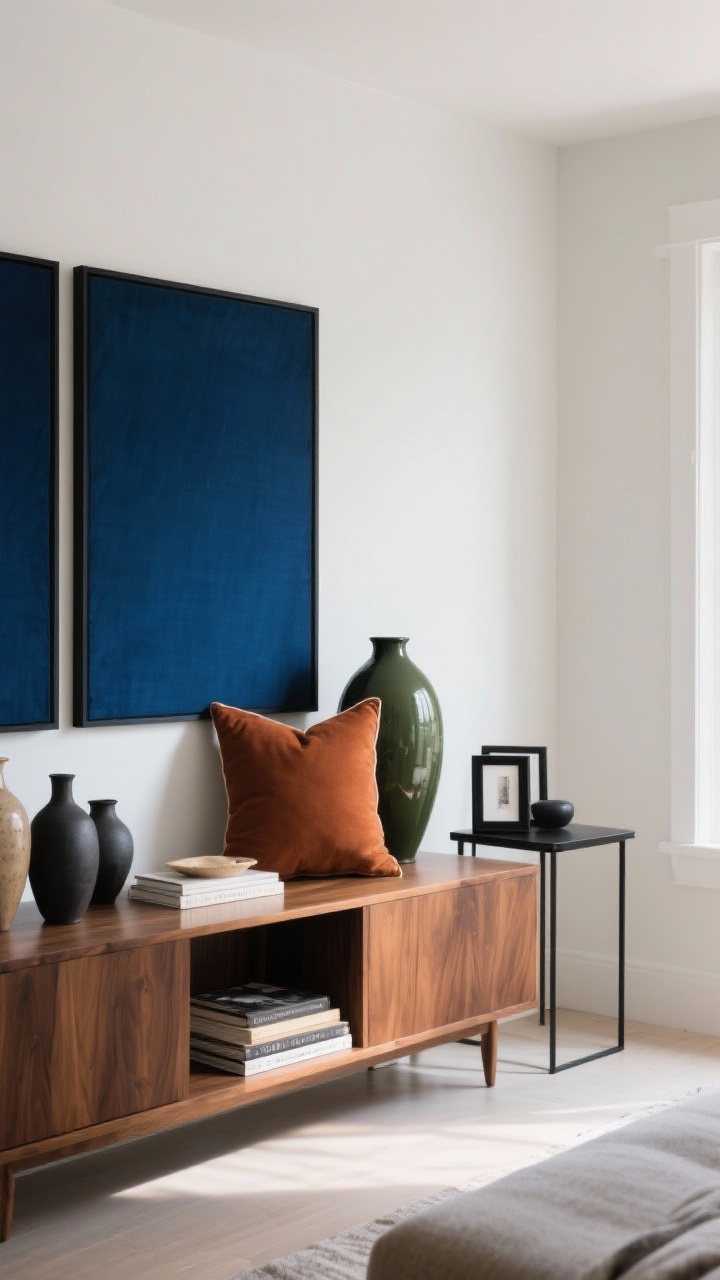 Medium shot: A living room vignette showcasing a tight color story—warm white walls (base), walnut wood console (neutral anchor), and accents in deep blue and black. Olive and rust appear subtly in a vase and throw pillow. Black frames and a slim black side table add grounding contrast. Textiles, books, and ceramic vases echo the palette for subtle repetition. Soft afternoon light, slight corner angle, photorealistic.