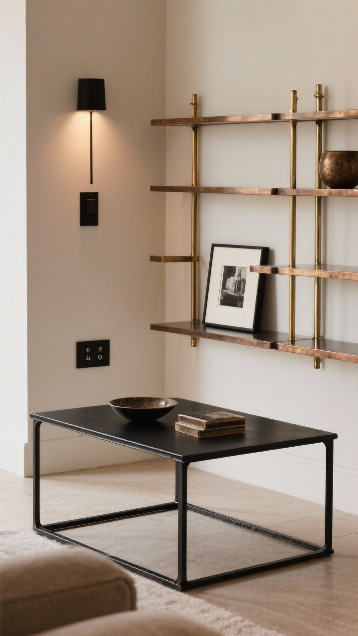 Medium shot: A metal-accent vignette featuring a matte black iron-framed coffee table and slim open shelving with mixed finishes—brushed brass and antique bronze details; include matte black switch plates and photo frames for subtle edge, satin sheen metals (no high-shine), warm ambient lighting, corner angle perspective to show dimension without feeling cold.