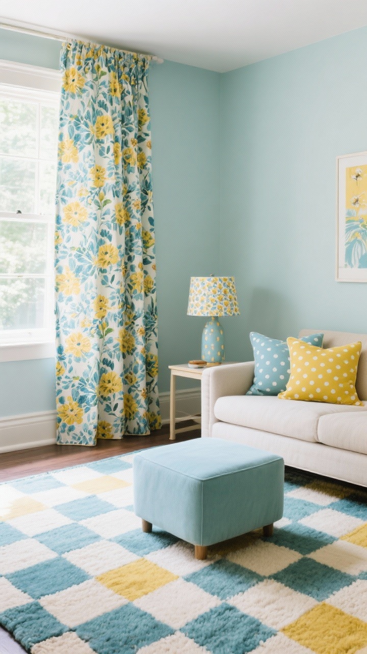 Medium shot: A playful seating area that mixes patterns with varied scale—large-check wool rug on the floor, mid-scale floral curtains at the window, and tiny polka-dot pillows on a neutral sofa. Keep one common color family tying them together (powder blue and butter yellow). Ground the scene with a solid-color ottoman and add a small patterned lampshade on a side table. Soft natural afternoon light; angled corner view to showcase layers without visual chaos.