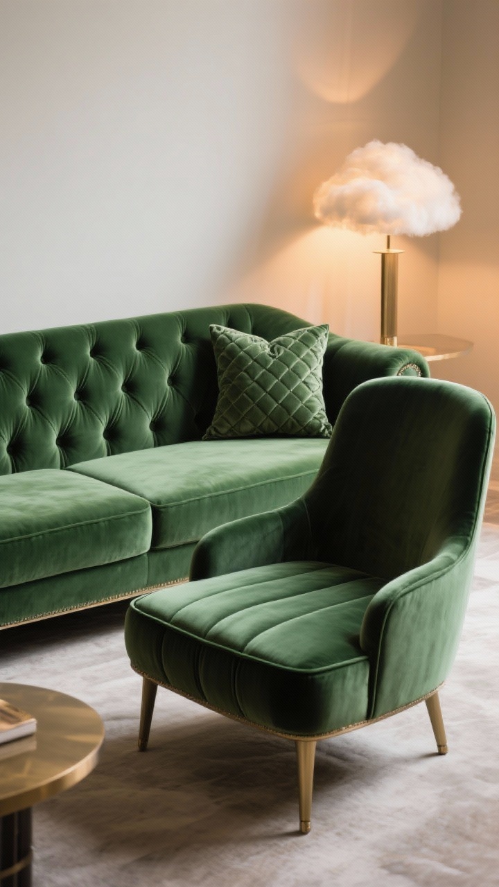Medium shot: A plush, tufted emerald velvet sofa paired with a single curved, high-back accent chair in performance velvet, bench-seat style with crisp tailoring; a matching ottoman for feet-up lounging; channel-stitched lumbar pillow adds upscale texture; warm, indirect lighting from a nearby lamp creates a cloud-soft, regal lounge vibe.