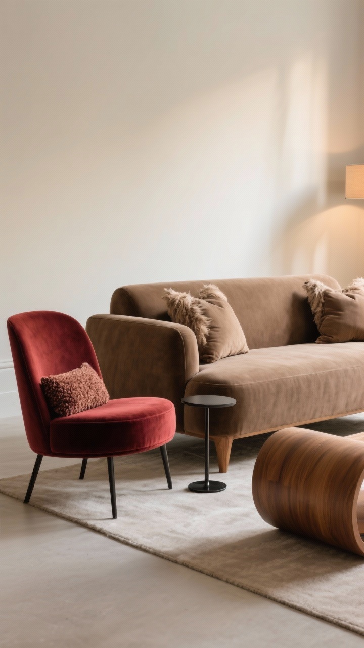 Medium shot: A seating vignette featuring a tuxedo sofa in performance linen (warm taupe) with plump feather-filled cushions, paired with a curved barrel chair in saturated oxblood velvet and a sculptural chaise visible at the edge. Solid wood sofa legs replace flimsy ones; a small metal leg detail in blackened steel on the chair. Textural bouclé throw pillow for depth. Warm, diffused side lighting emphasizing fabric texture and scale, captured from a slight corner angle to show proportion without clutter.
