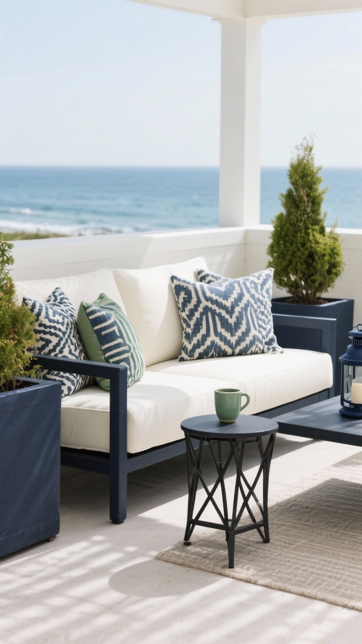 Medium shot: A styled patio vignette showcasing a tight color palette. Furniture in neutral tones (charcoal and white) with accents in navy and sage. Planters painted navy and sage flank a cream outdoor sofa with charcoal frame; textiles include navy-and-sage patterned cushions atop white and charcoal neutrals. A small side table in black metal holds a sage ceramic mug and a navy lantern. Soft daylight with gentle shadows; clean, modern coastal mood; photorealistic.