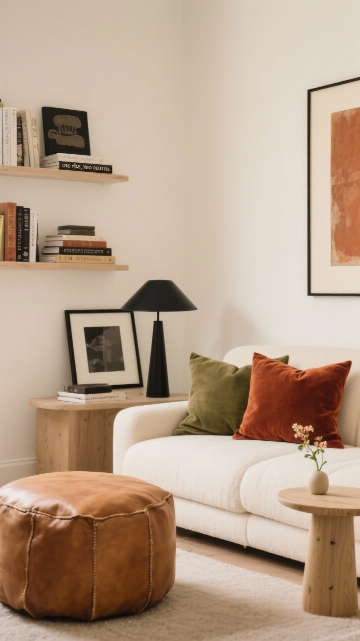Medium shot — A styled seating area illustrating “one vibe, two neutrals, three accents”: Warm Minimalist palette with cream and camel neutrals, accents of rust, olive, and matte black repeated in art, books, textiles, and a small floral stem. Cream walls, camel leather ottoman, rust velvet pillow, olive linen pillow, matte black picture frame and lamp base, sand-toned wood side table. Soft, warm ambient daylight emphasizing cohesive color story without feeling matchy.