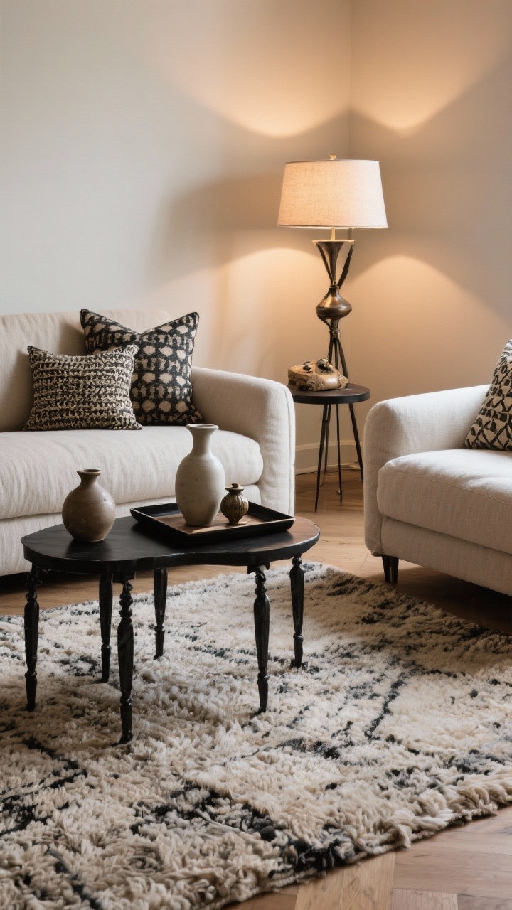 Medium shot: A stylish vignette mixing high-low pieces—an investment-quality, deep-seat linen sofa and a large textured wool rug, paired with budget-friendly black metal side tables, interchangeable patterned pillow covers, and simple ceramic vases on a tray. Include a standout designer floor lamp as the main lighting; add one vintage object on the table to suggest a curated, collected-over-time look. Warm ambient lighting, photorealistic.