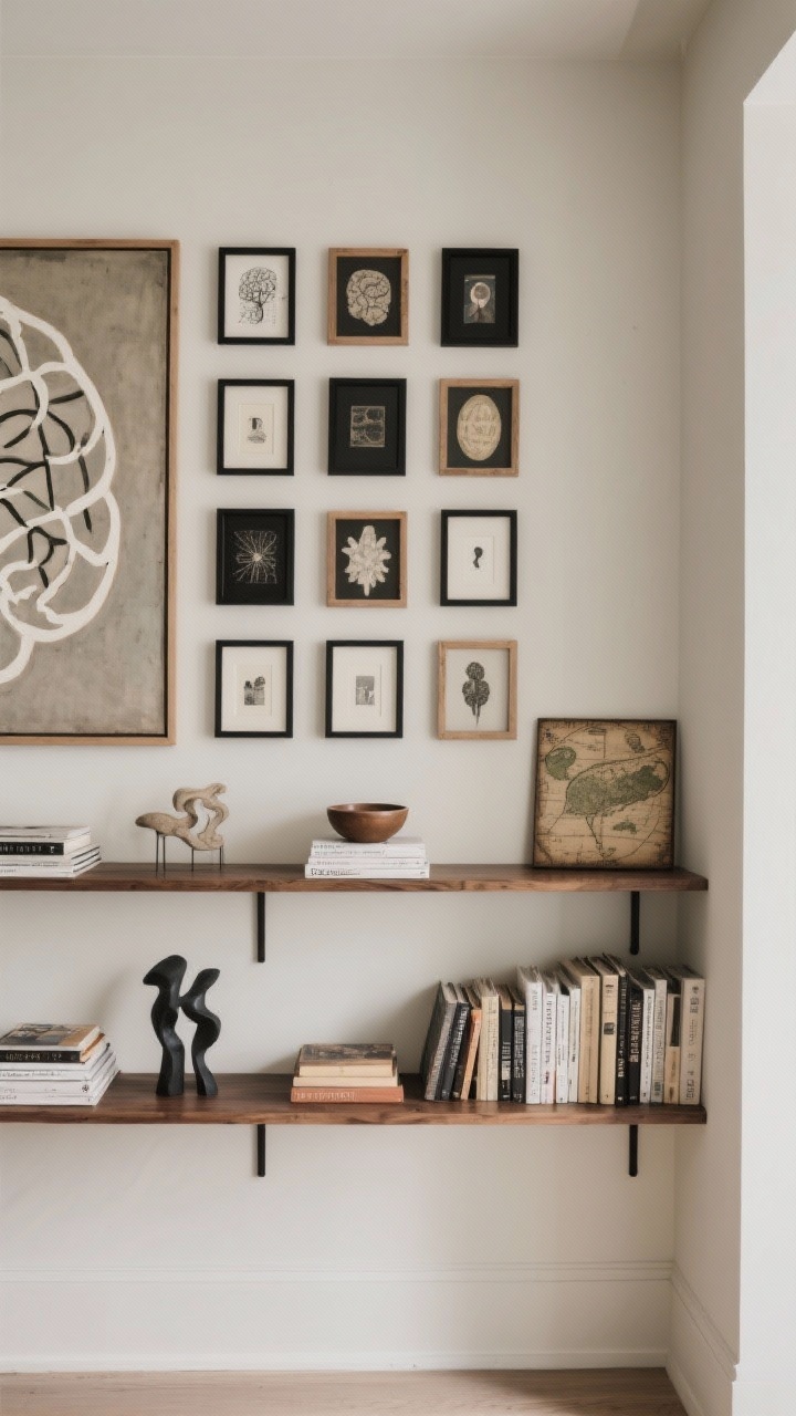 Medium shot: Art and books adding brainy charm—an oversized artwork hung at eye level (center ~58 inches), a tight grid of smaller pieces with consistent black and wood frames on an adjacent wall, and shelves styled in thirds: books, sculptural objects, and intentional negative space. Some books stacked horizontally with a small bowl on top; a vintage travel piece as a conversation starter. Neutral backdrop, calm impact, straight-on view, photorealistic.