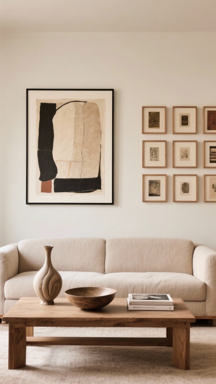 Medium shot: Art-forward wall over a sofa with one oversized canvas as the focal piece, framed in thin black metal for a gallery feel. To one side, a neat grid of smaller artworks in matching natural wood frames adds polish. Decor is edited: a single sculptural vase, a statement bowl, and two art books on the coffee table—fewer, better pieces. Straight-on view, balanced composition, warm neutral palette, and soft, even lighting that flatters the art without glare.