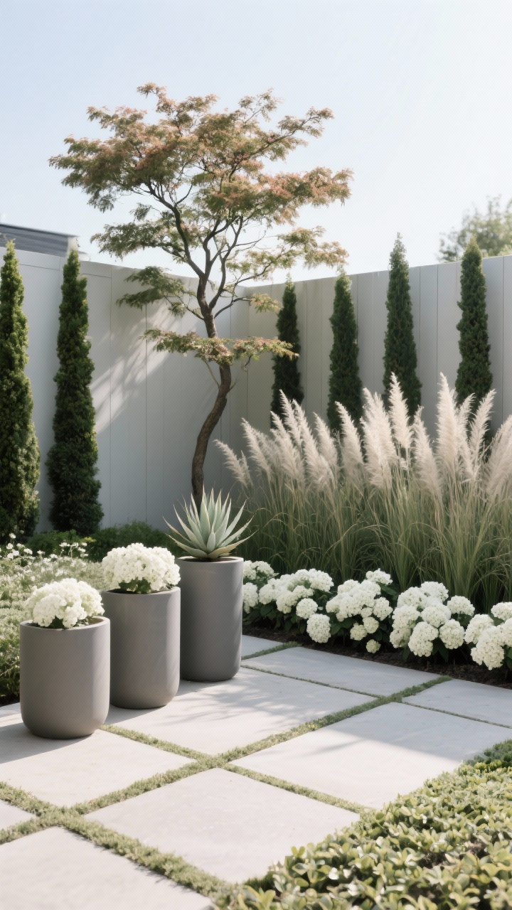 Medium shot at a corner angle showcasing minimalist planting with repetition: a row of columnar evergreens forming vertical lines against a simple fence, a sculptural Japanese maple as a focal form, clusters of feather reed grass repeated for movement, and a soft edge of Dymondia groundcover between pavers; calming palette with white hydrangea blooms sprinkled for low-drama color; a few matte cylinder planters each with a single agave, grouped in threes at varied heights; even daylight for clear, serene plant forms.