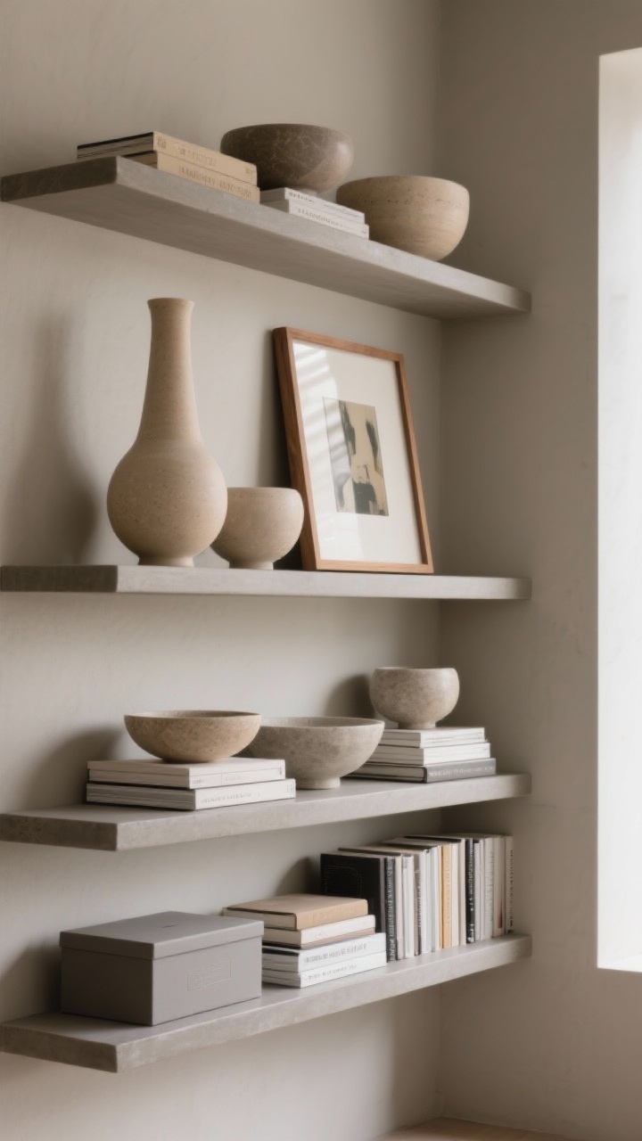 Medium shot at a slight corner angle of two shelves styled for visual rhythm: trios with varied heights (a tall sand-colored vase, mid-height maple frame, low travertine bowl); books stacked horizontally with a small art print leaning behind for depth; repeated curved forms (bowls, orbs) echoing alongside linear stacks of books and slim boxes for cohesion; layered front-middle-back placement to avoid a flat look; calm neutrals with touches of stone gray and warm taupe; diffused daylight from the side to emphasize depth.