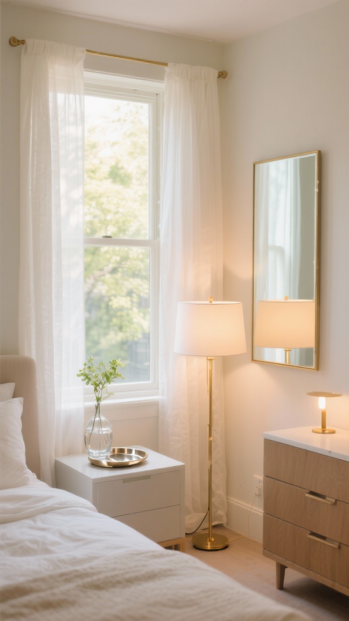 Medium shot, bright spring bedroom corner emphasizing natural light: sheer linen curtains in warm white hung high and wide over a single tall window, sunlight filtering through; a large rectangular mirror placed directly across from the window to bounce light; a nightstand with a white lampshade on a warm LED bulb (2700–3000K), a small glass vase and shiny metal tray subtly scattering light; layered lighting visible—a soft bedside lamp, a slender brass floor lamp, and a tiny accent light on the dresser; uncluttered windowsill with one small plant; clean, airy mood, no people, photorealistic.