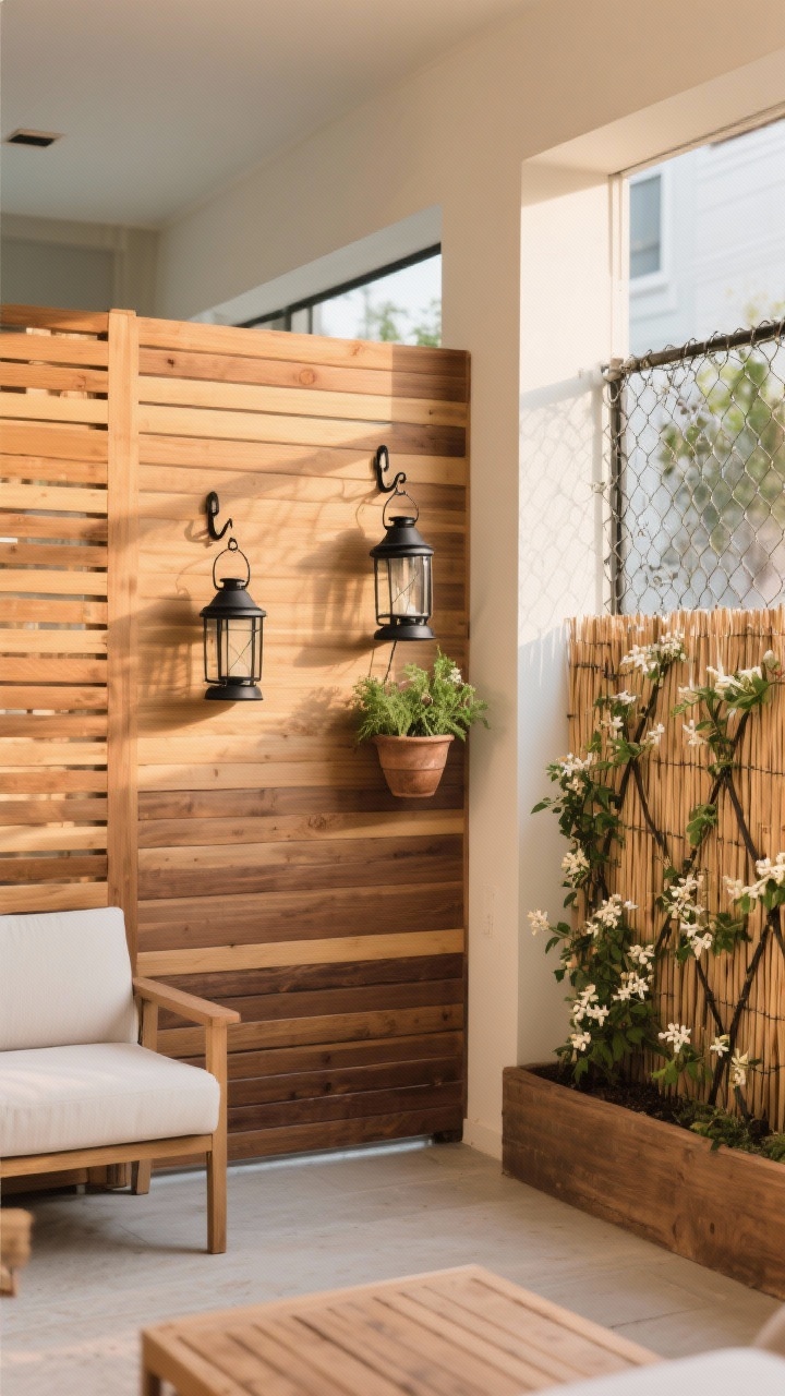 Medium shot: Budget-friendly privacy screen vignette. A horizontal slat cedar screen in a clean, modern layout, stained to match nearby furniture, with hooks holding black metal lanterns and a hanging herb pot. Adjacent segment shows bamboo/reed fencing tastefully wrapped over a chain-link section. A planter wall with a trellis supports fast-growing vines like jasmine. Warm late-afternoon light; photorealistic; straight-on view.