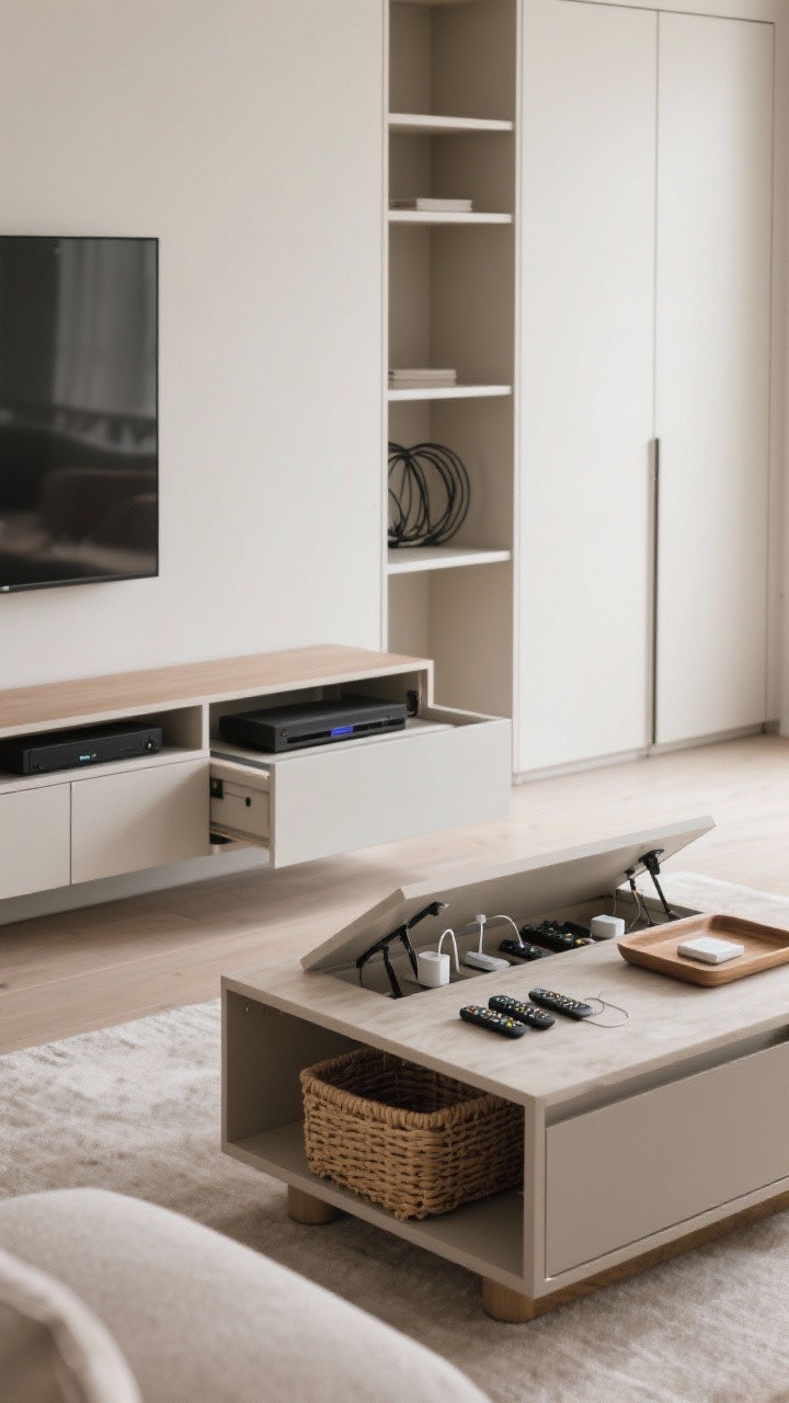 Medium shot centered on hidden storage solutions: a lift-top storage coffee table slightly open to reveal remotes and chargers inside, a closed media unit with sleek doors hiding consoles and cables, and built-ins that mix open shelves (sparse, tidy) with closed-door sections. Include a woven basket on the lower shelf and a tray on the coffee table. Calm, organized surfaces with concealed clutter; soft, even ambient light and a serene neutral palette.